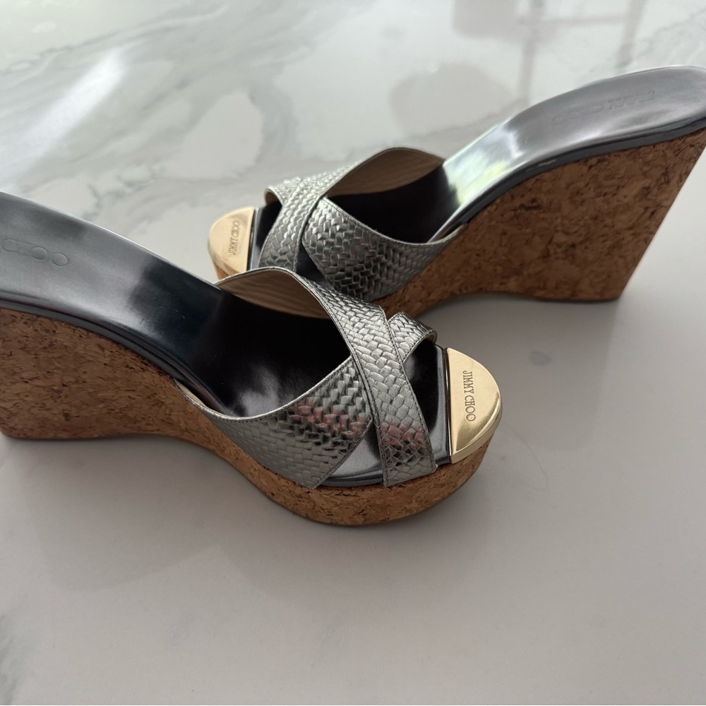 Jimmy Choo Silver Leather Crisscross Prima Cork Wedge Slide